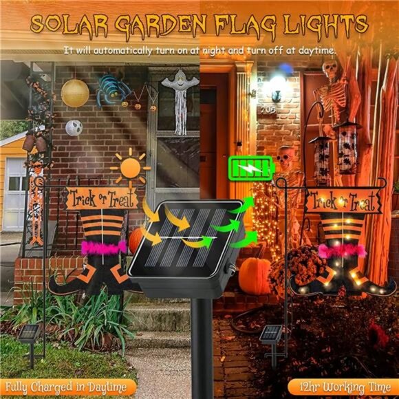 Halloween Trick Or Treat Garden Flag Solar Light w/o Flag Pole 16 Warm White LED - Picture 5 of 8